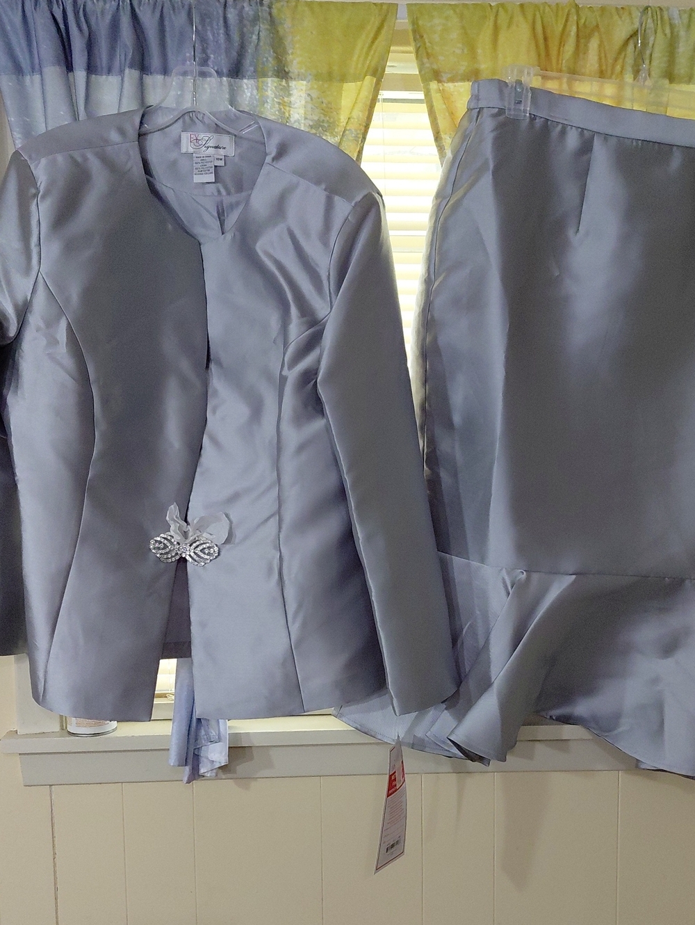 Exspecially Yours Light Silver Satin Skirt Suit with Decorative Brooch